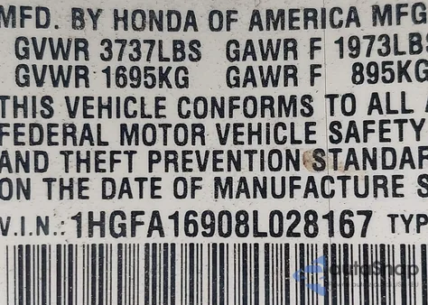 2008 Honda Civic Ex-L from USA, damaged, VIN 1HGFA16908L028167